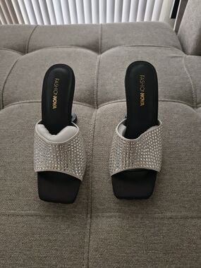 Fashion Nova Silver Embellished Slide Heels for Women